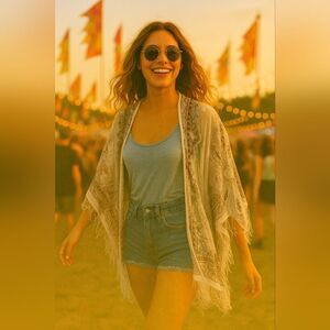 Paisley Sheer Kimono Fringe Trim Duster OSFM Cream Mauve Brown Embroidered Fring